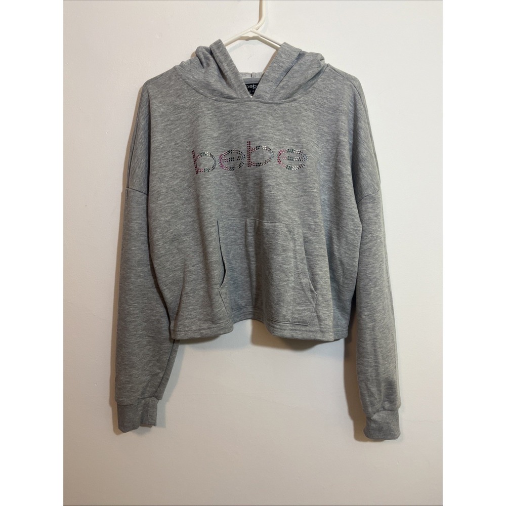 Bebe Sport Boxy Crop Hoodie XL Y2K Gray with Bling Spellout Vintage